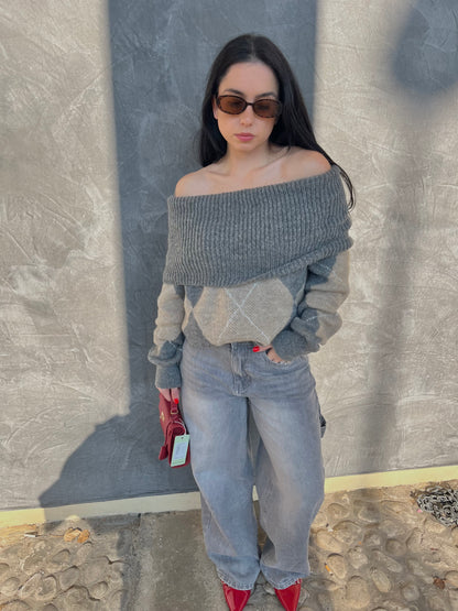 PULL ROMBO SCOLLATO GRIGIO