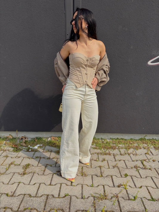 JEANS BIANCO CUCITURE CUOIO