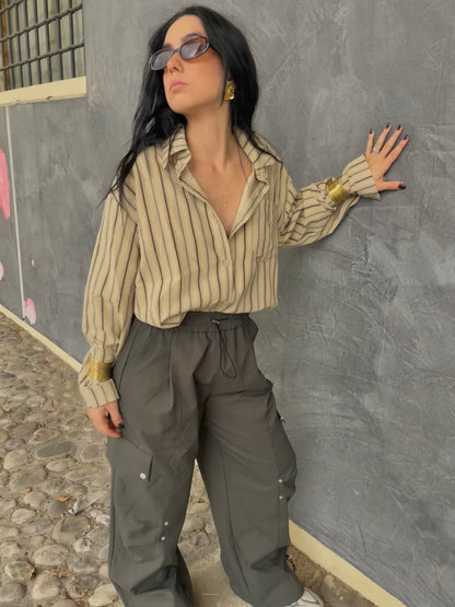 CAMICIA A RIGHE CON TASCHINO BEIGE