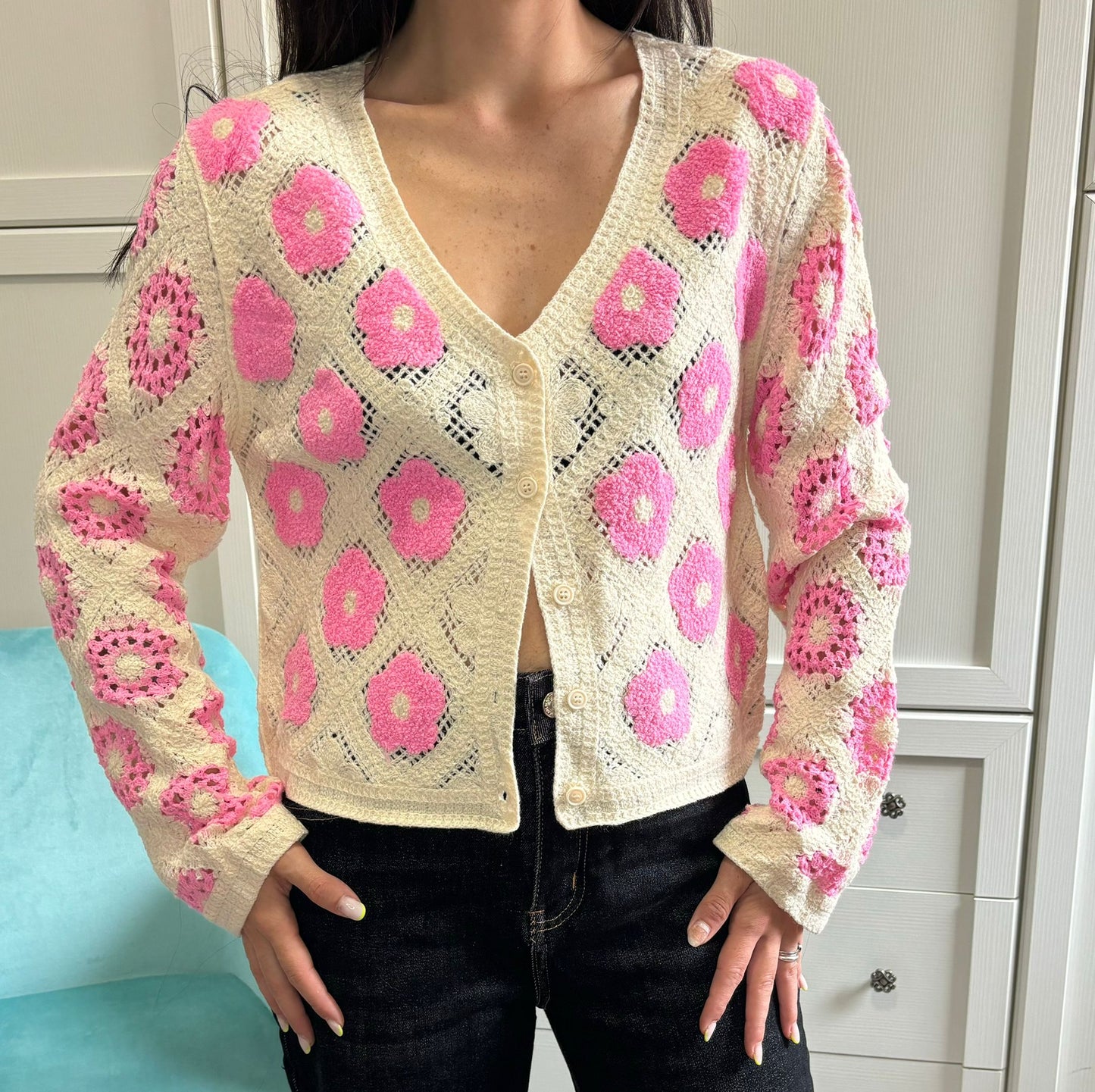 Cardigan crochet manica lunga